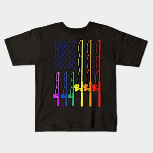 LGBT Pride Spinning Rod Fishing Pole USA Flag Kids T-Shirt